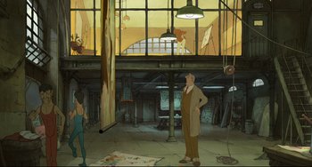 Movie still from “The Illusionist” (2010), directed by Sylvain Chomet – An animated scene of a man and a woman in an industrial setting; Wide shot, High angle