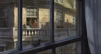 Movie still from “The Illusionist” (2010), directed by Sylvain Chomet – An illustration of a man sitting on a window ledge looking out of a window; Extreme Wide shot, High angle