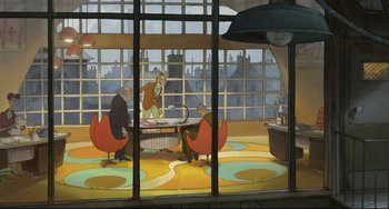 Movie still from “The Illusionist” (2010), directed by Sylvain Chomet – A group of people sitting at a table in front of a window; Wide shot, Over the shoulder angle