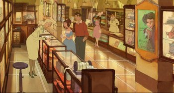 Movie still from “The Illusionist” (2010), directed by Sylvain Chomet – An animated picture of a man and a woman in a store; Wide shot, High angle
