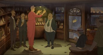 Movie still from “The Illusionist” (2010), directed by Sylvain Chomet – Two men in suits and ties stand in front of a store; Wide shot, Low angle