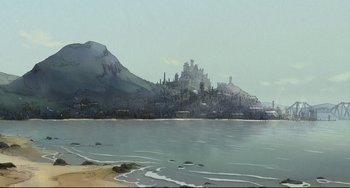 Movie still from “The Illusionist” (2010), directed by Sylvain Chomet – An artistic painting of a castle on a hill overlooking the ocean; Extreme Wide shot, High angle