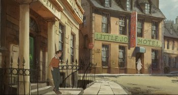 Movie still from “The Illusionist” (2010), directed by Sylvain Chomet – An animated picture of a man standing outside a hotel; Extreme Wide shot, Low angle