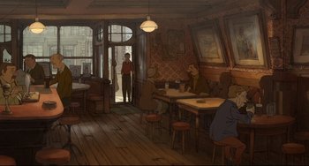 Movie still from “The Illusionist” (2010), directed by Sylvain Chomet – An illustration of people sitting at a table in a restaurant; Extreme Wide shot, High angle