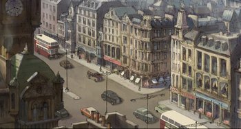 Movie still from “The Illusionist” (2010), directed by Sylvain Chomet – An aerial view of a city street with cars parked on the side of the road; Extreme Wide shot, High angle