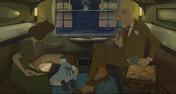 Movie still from “The Illusionist” (2010), directed by Sylvain Chomet – An illustration of a man and a child in a room; Wide shot, High angle
