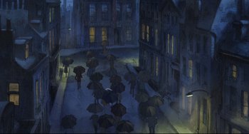 Movie still from “The Illusionist” (2010), directed by Sylvain Chomet – An illustration of a city street with people walking on the sidewalk holding umbrellas; Extreme Wide shot, High angle