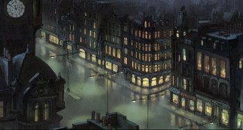 Movie still from “The Illusionist” (2010), directed by Sylvain Chomet – An artistic painting of a city at night; Extreme Wide shot, High angle