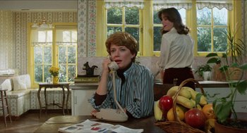 Movie still from “The In-Laws” (1979), directed by Arthur Hiller – A woman sitting at a table talking on a phone; Medium shot, Over the shoulder angle