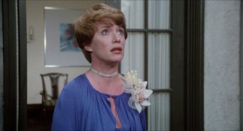 Movie still from “The In-Laws” (1979), directed by Arthur Hiller – A person wearing a blue dress; Close Up shot, Over the shoulder angle