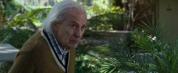 Movie still from “The Incredible Burt Wonderstone” (2013), directed by Don Scardino – An older man with a white beard looking at the camera; Close Up shot, Over the shoulder angle