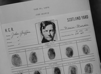 Movie still from “The Invisible Man Returns” (1940), directed by Joe May – A black and white photo of john griffen's fingerprints; Extreme Close Up shot, High angle