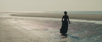 Movie still from “The Invisible Woman” (2013), directed by Ralph Fiennes – A woman in a black dress walking through shallow water; Extreme Wide shot, High angle