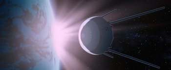 Movie still from “The Iron Giant” (1999), directed by Brad Bird – An illustration of a space ship in the sky; Extreme Wide shot, Low angle