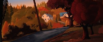 Movie still from “The Iron Giant” (1999), directed by Brad Bird – A painting of a house in the middle of a forest; Extreme Wide shot, High angle