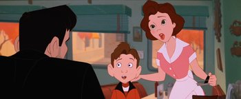 Movie still from “The Iron Giant” (1999), directed by Brad Bird – A cartoon of a boy and a woman in front of a window; Close Up shot, Over the shoulder angle