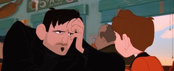 Movie still from “The Iron Giant” (1999), directed by Brad Bird – A man is looking at his reflection in a mirror; Close Up shot, Over the shoulder angle