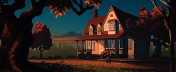 Movie still from “The Iron Giant” (1999), directed by Brad Bird – A painting of a house with a person on a bike in front of it; Extreme Wide shot, Low angle