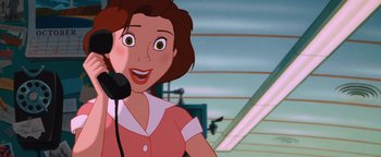 Movie still from “The Iron Giant” (1999), directed by Brad Bird – A woman is smiling while holding a microphone in her hand; Close Up shot, Low angle