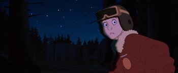 Movie still from “The Iron Giant” (1999), directed by Brad Bird – An animated woman with a hat and goggles looking at the stars; Close Up shot, Low angle