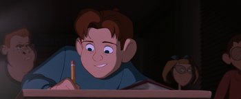 Movie still from “The Iron Giant” (1999), directed by Brad Bird – A boy is sitting at a table with a pencil; Close Up shot, High angle