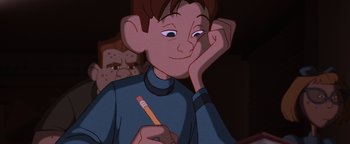 Movie still from “The Iron Giant” (1999), directed by Brad Bird – A cartoon of a boy holding a pencil in front of his face; Close Up shot, Over the shoulder angle