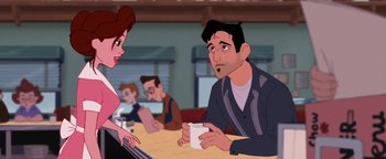 Movie still from “The Iron Giant” (1999), directed by Brad Bird – A man sitting at a table in front of a woman; Medium shot, Over the shoulder angle