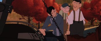 Movie still from “The Iron Giant” (1999), directed by Brad Bird – A group of men standing next to each other; Medium shot, Over the shoulder angle