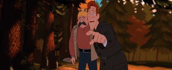 Movie still from “The Iron Giant” (1999), directed by Brad Bird – Two men are standing next to each other in a forest; Medium shot, Over the shoulder angle