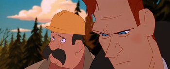 Movie still from “The Iron Giant” (1999), directed by Brad Bird – Two men are looking at each other in a cartoon; Close Up shot, Over the shoulder angle