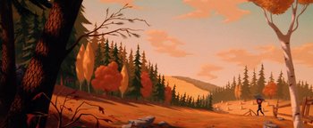 Movie still from “The Iron Giant” (1999), directed by Brad Bird – A painting of trees and a mountain in the background; Extreme Wide shot, Low angle
