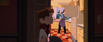 Movie still from “The Iron Giant” (1999), directed by Brad Bird – A boy and a woman in a kitchen; Medium shot, High angle