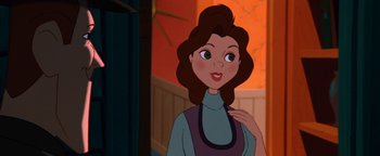 Movie still from “The Iron Giant” (1999), directed by Brad Bird – A cartoon character with her hand on her chin; Close Up shot, Over the shoulder angle