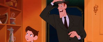 Movie still from “The Iron Giant” (1999), directed by Brad Bird – A man in a suit and tie standing next to a boy; Medium shot, Over the shoulder angle