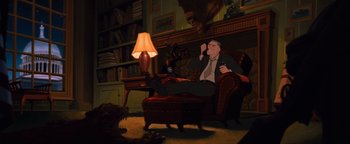 Movie still from “The Iron Giant” (1999), directed by Brad Bird – An animated man sitting in a chair in front of a lamp in a living room; Wide shot, High angle