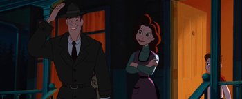Movie still from “The Iron Giant” (1999), directed by Brad Bird – A woman standing next to a man wearing a hat; Medium shot, Over the shoulder angle