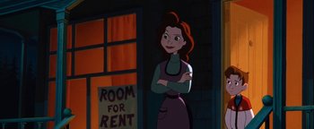 Movie still from “The Iron Giant” (1999), directed by Brad Bird – A woman standing in front of a room for rent sign; Medium shot, High angle