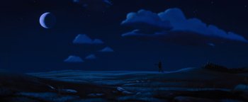 Movie still from “The Iron Giant” (1999), directed by Brad Bird – A painting of a person walking on a beach at night; Extreme Wide shot, Low angle