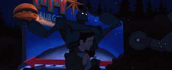 Movie still from “The Iron Giant” (1999), directed by Brad Bird – A man standing in front of a giant robot; Medium shot, Low angle