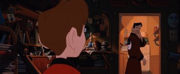 Movie still from “The Iron Giant” (1999), directed by Brad Bird – A person is looking at a table in a room; Medium shot, Over the shoulder angle