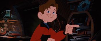 Movie still from “The Iron Giant” (1999), directed by Brad Bird – A young boy is smiling while wearing a red shirt; Close Up shot, Low angle