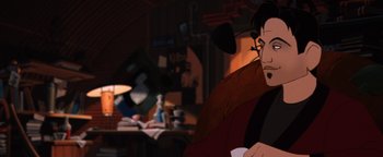 Movie still from “The Iron Giant” (1999), directed by Brad Bird – An animated picture of a man sitting in front of a table; Close Up shot, Over the shoulder angle