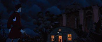 Movie still from “The Iron Giant” (1999), directed by Brad Bird – A painting of a building with a tree in the background; Extreme Wide shot, Low angle