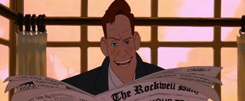 Movie still from “The Iron Giant” (1999), directed by Brad Bird – A man is reading a newspaper in front of a window; Close Up shot, High angle