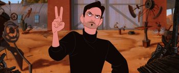 Movie still from “The Iron Giant” (1999), directed by Brad Bird – A man in a black shirt is holding up a peace sign; Close Up shot, Over the shoulder angle