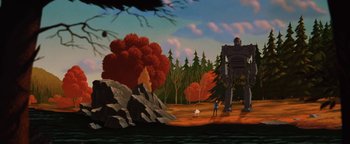 Movie still from “The Iron Giant” (1999), directed by Brad Bird – A painting of a man and a dog in the woods; Extreme Wide shot, Low angle