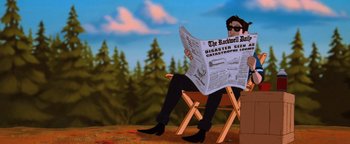 Movie still from “The Iron Giant” (1999), directed by Brad Bird – A man sitting in a chair reading a newspaper; Wide shot, Over the shoulder angle