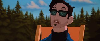 Movie still from “The Iron Giant” (1999), directed by Brad Bird – A man sitting in a chair smoking a cigarette; Close Up shot, Low angle