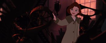 Movie still from “The Iron Giant” (1999), directed by Brad Bird – A woman in a trench coat is standing in front of a wheel; Medium shot, Over the shoulder angle