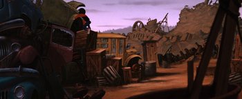 Movie still from “The Iron Giant” (1999), directed by Brad Bird – An animated scene of a bus and a building; Extreme Wide shot, Low angle